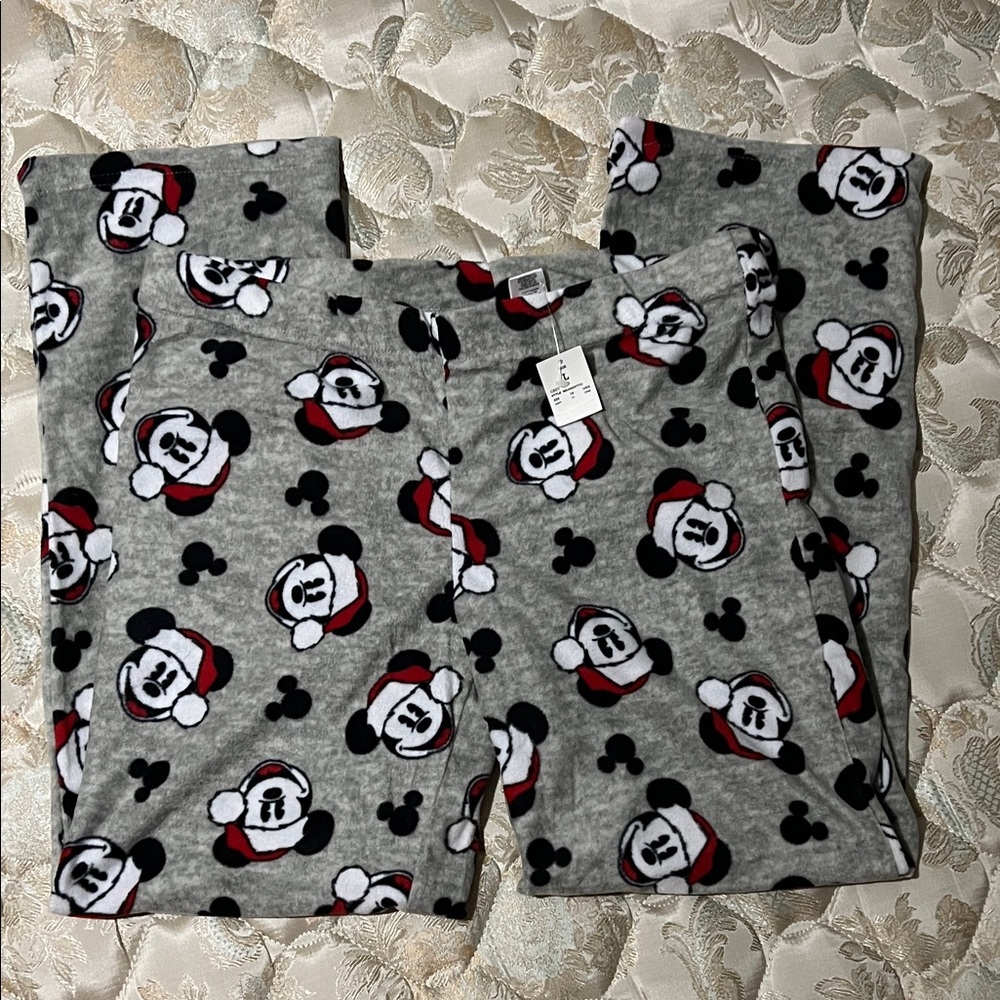 Disney NWT Gray Pajama Bottoms with Santa Christmas  Mickey Mouse Print